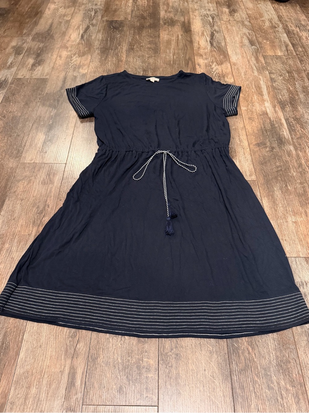 LOFT Navy Short-Sleeve Midi Dress with Tassel Drawstring